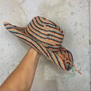 MAR Y SOL 🌴 Rose Beach Hat- orange/aqua/navy Woven Straw Cowboy Bella Hadid